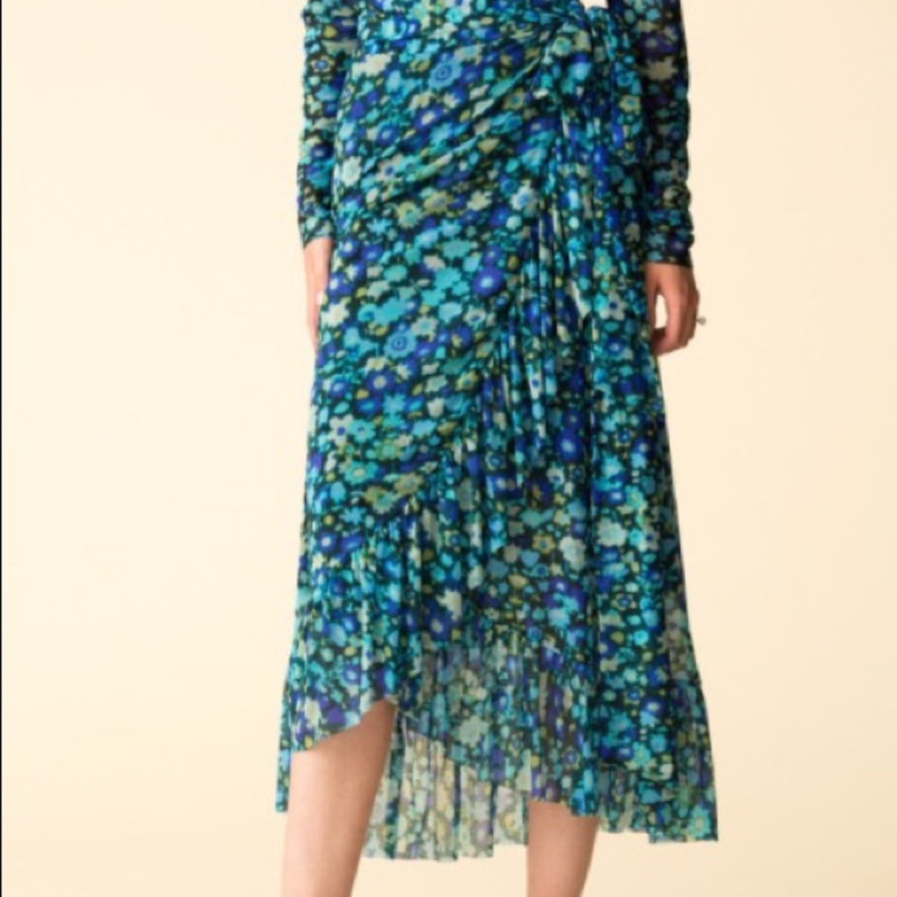GANNI Blue Floral Mesh Wrap Skirt 36